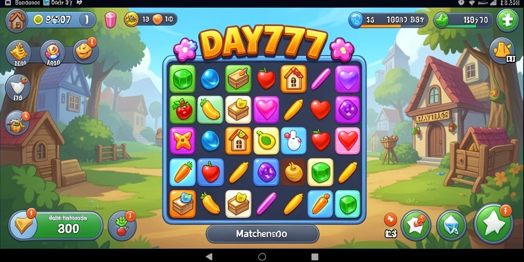 Screenshot DAY777 menampilkan gameplay Match-3 yang seru dan penuh warna.