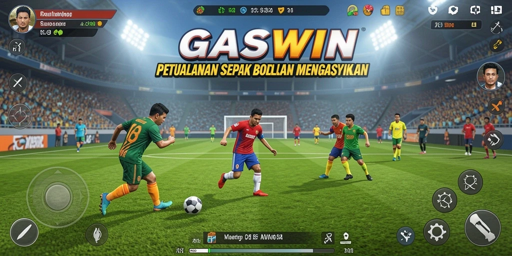 Tampilan utama GASWIN dengan aksi sepak bola seru.