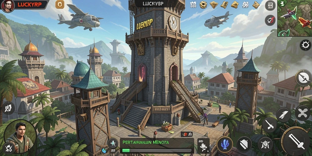 Screenshot gameplay LUCKYRP menampilkan menara dan strategi yang mendebarkan.