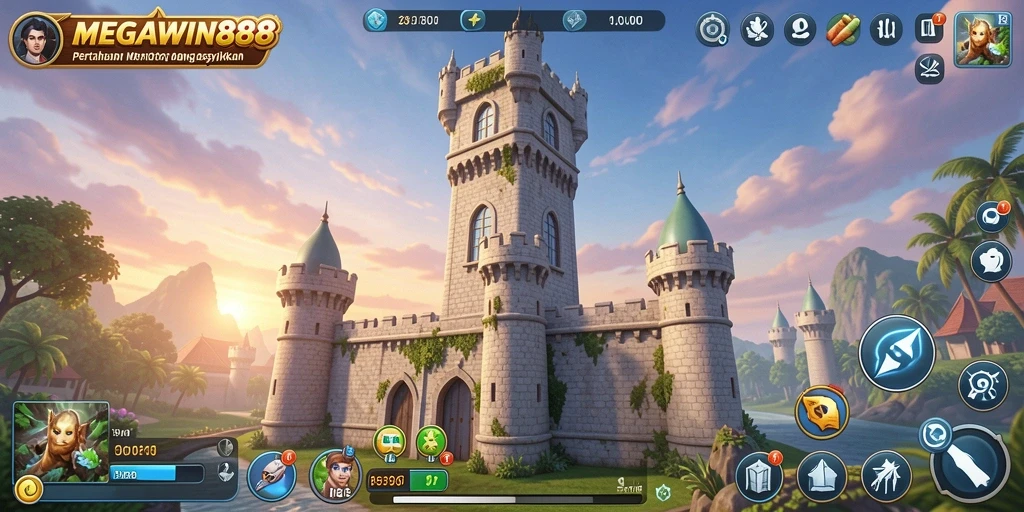 Tampilan gameplay <strong>MEGAWIN888</strong> yang menegangkan saat menara bertahan dari serangan musuh.