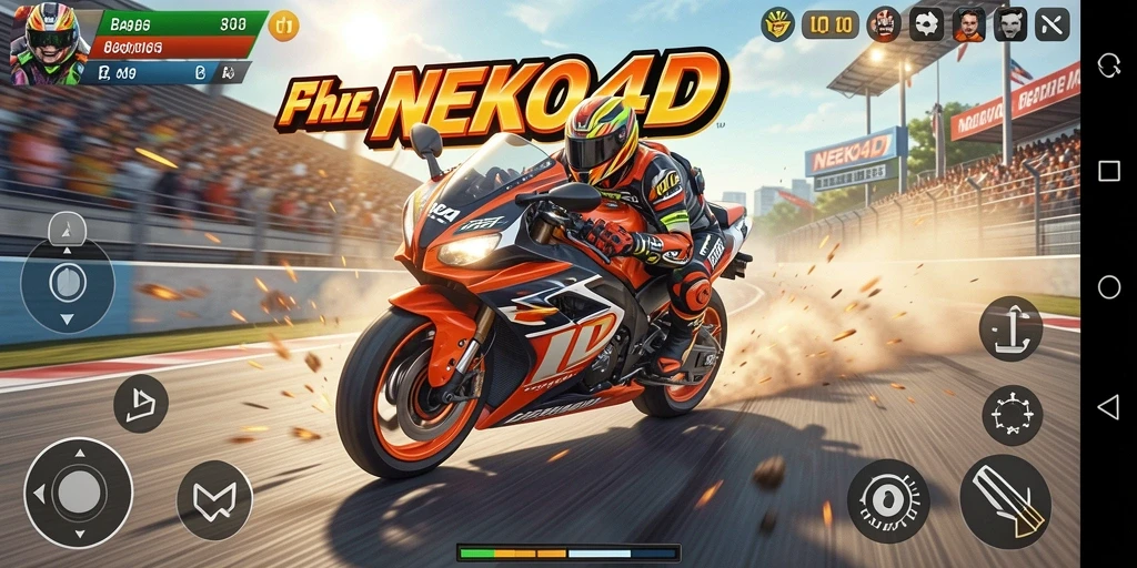 Screenshot gameplay NEKO4D yang menampilkan aksi balapan motor yang seru.