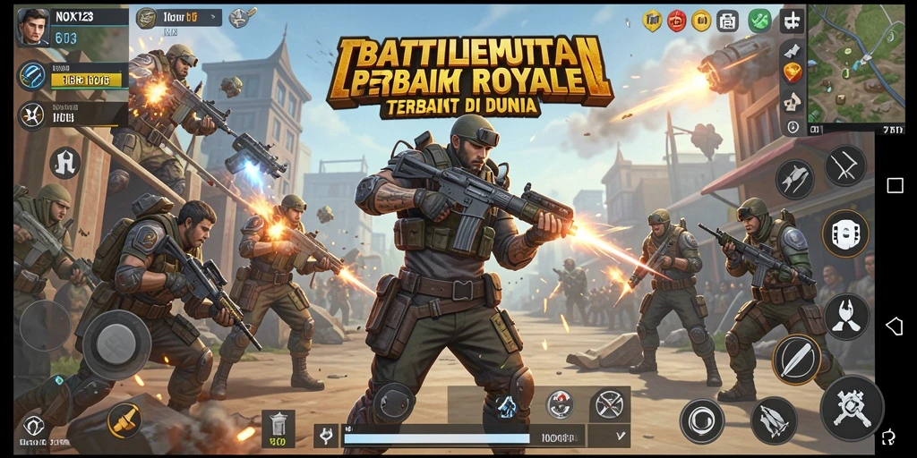 Gameplay seru dalam NOX123 dengan pertempuran intens di arena Battle Royale.