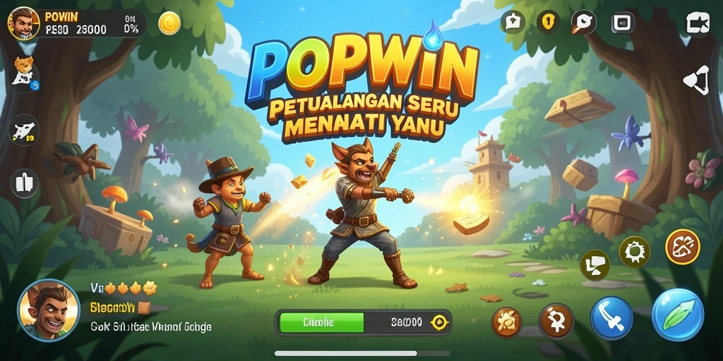 Tangkapan layar utama POPWIN menampilkan gameplay penuh aksi dan eksplorasi.