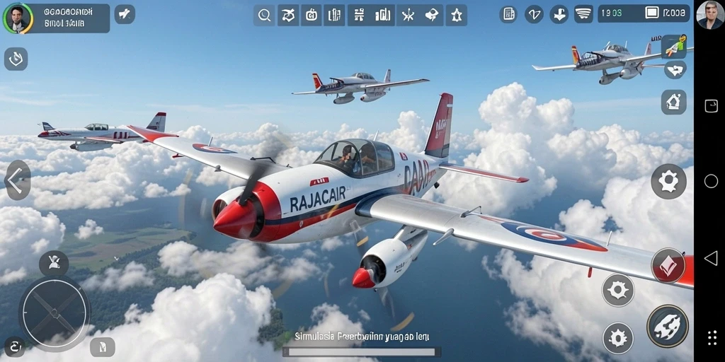 Tampilan gameplay RAJACAIR yang menakjubkan saat terbang di langit yang cerah.