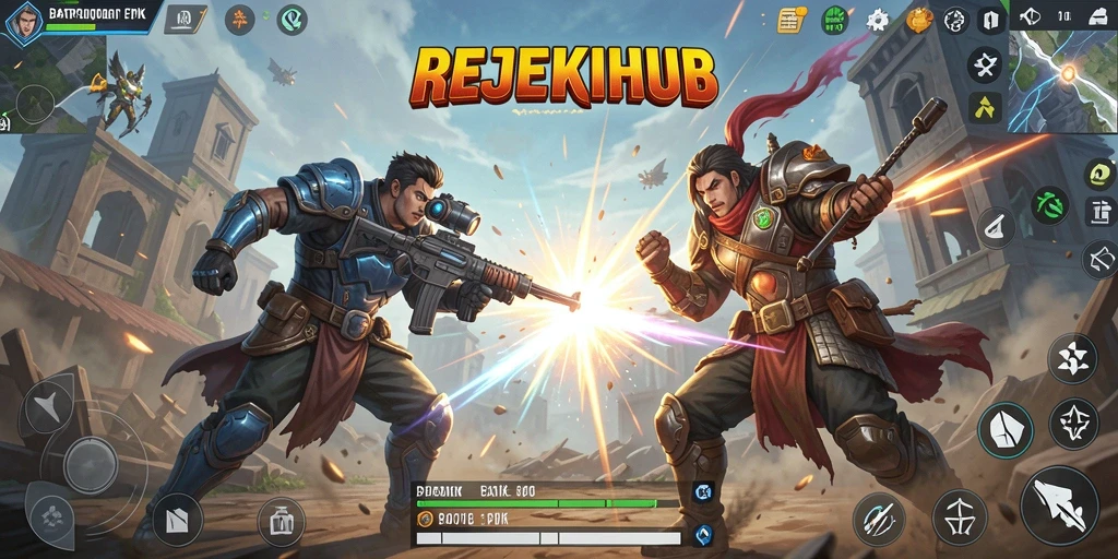 Tampilan gameplay menegangkan dari REJEKIHUB dalam pertempuran Battle Royale.