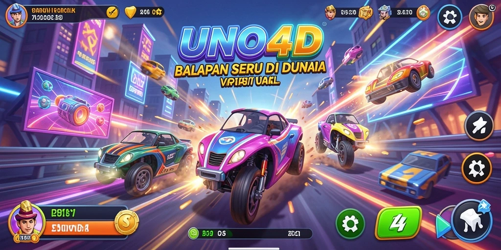 Gameplay Racing saat bermain UNO4D dengan berbagai mobil dan trek.